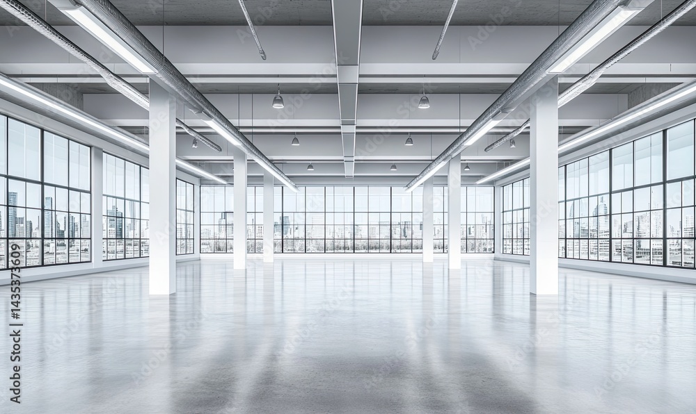Expansive, modern industrial space with city views. Polished concrete floor, high ceilings, and large windows Expansive, modern industrial space with city views. Polished concrete floor, high ceilings, and large windows