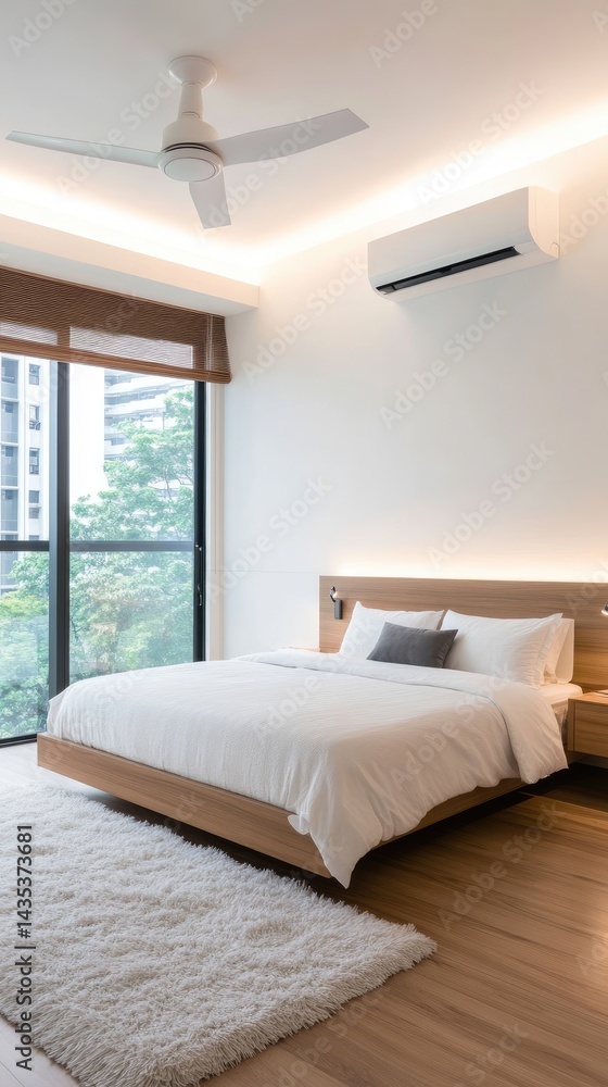 Fototapeta premium Modern bedroom with city view, bright interior