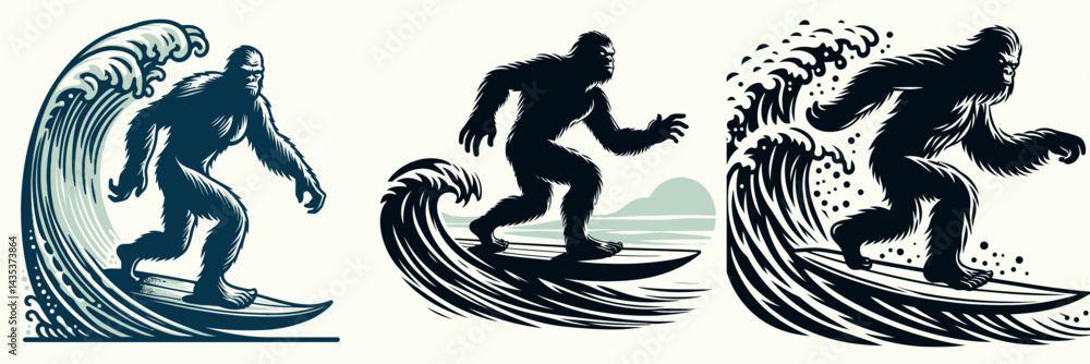 Obraz premium Bigfoot wave Surfing. Sasquatch cartoon clipart. Colossal creature ride on ocean swell an improbable aquatic adventure.