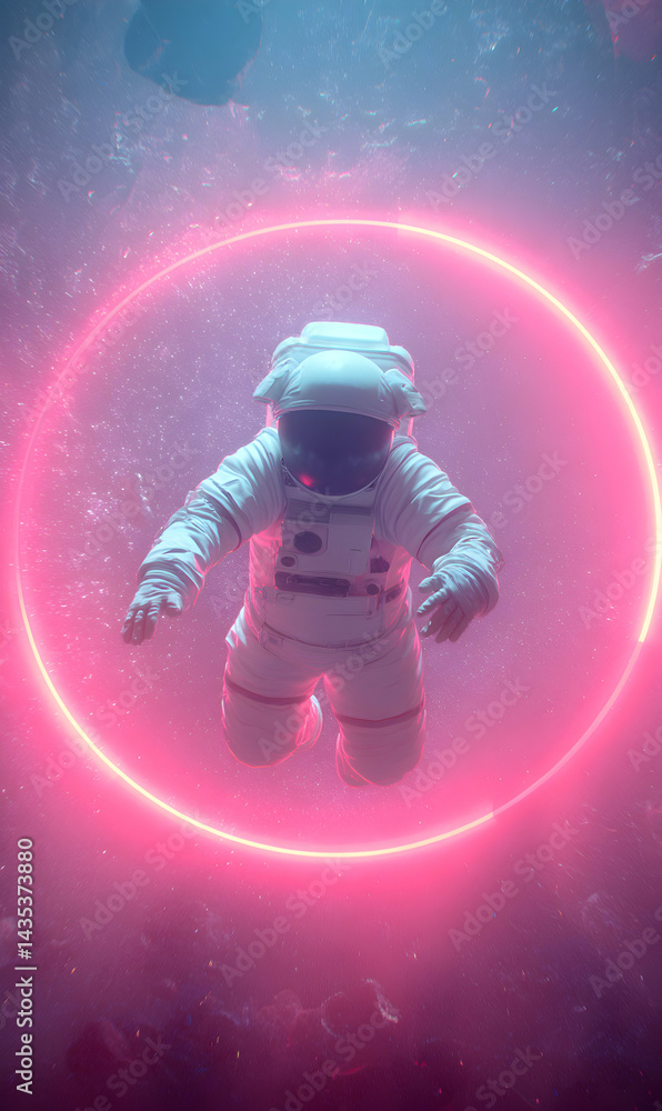 Fototapeta premium Astronaut floating within a luminous pink ring, surrounded by an ethereal cosmic ambience, creating a space wonder
