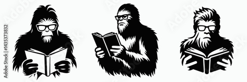 Bigfoot wear glasses reading. Sasquatch cartoon clipart. dons spectacles enjoying literature a cryptid intellectual pursuit.