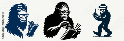 Bigfoot wear glasses writing notebook. Sasquatch cartoon clipart. Legendary woodland creature in optic aid jotting pad journal for authoring.
