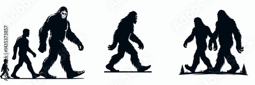 Bigfoot Walking together. Sasquatch cartoon clipart. Cryptozoological creature locomotion a joint foray through woodland terrain.