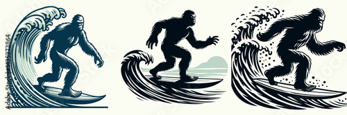 Bigfoot wave Surfing. Sasquatch cartoon clipart. Colossal creature ride on ocean swell an improbable aquatic adventure.