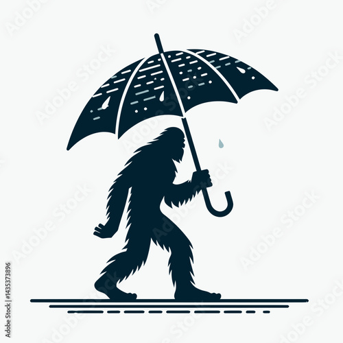 Bigfoot Under the Umbrella. Sasquatch cartoon clipart. Elusive hominid sheltering below a rain protector folklore subject.