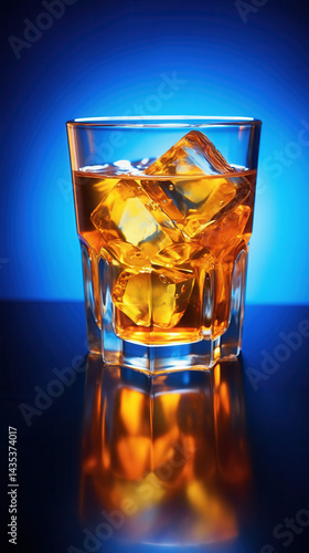 Wallpaper Mural Glass of whiskey with ice cubes reflecting on blue background Torontodigital.ca
