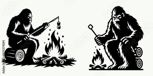 Bigfoot roasting marshmallows. Sasquatch cartoon clipart. Legendary wild creature cooking sugary treat over bonfire in timberland.