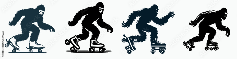 Fototapeta premium Bigfoot play roller skate. Sasquatch cartoon clipart. having fun on quad boot wheeled sport equipment venture amusement.