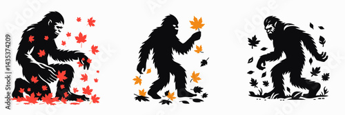 Bigfoot Playing with autumn leaves. Sasquatch cartoon clipart. Hairy hominid frolic amid seasonal foliage enjoying falls vibrant scene.