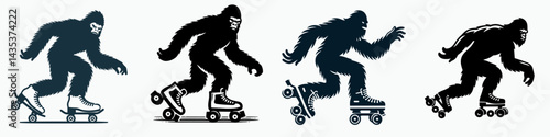 Bigfoot play roller skate. Sasquatch cartoon clipart. having fun on quad boot wheeled sport equipment venture amusement.