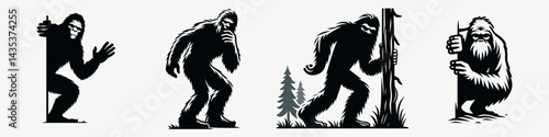 Bigfoot peeking pose. Sasquatch cartoon clipart. peering figure cryptic hominid cryptid forest fauna woodland creature.