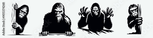 Bigfoot peeking. Sasquatch cartoon clipart. Cryptid observing forest giant lurking glimpse legendary hominid watching.