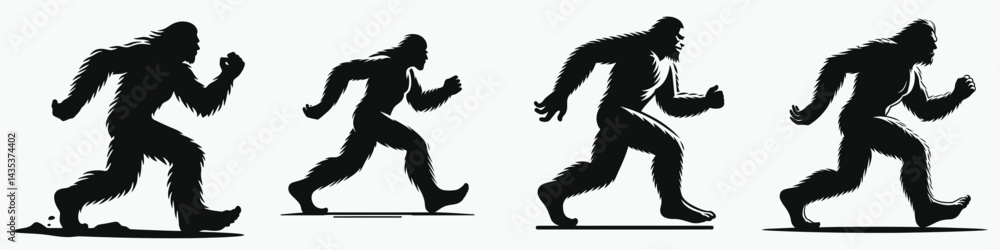 Fototapeta premium Bigfoot jogging. Sasquatch cartoon clipart. Elusive creature ambulatory workout unknown bipedal cryptid enjoying a run.