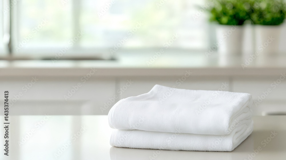A neatly folded stack of white towels on a kitchen countertop, with a soft-focus background featuring greenery and natural light.