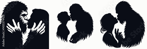 Bigfoot Holding each others faces for a kiss. Sasquatch cartoon clipart. Enigmatic creature gently touching visage during loving embrace gesture.