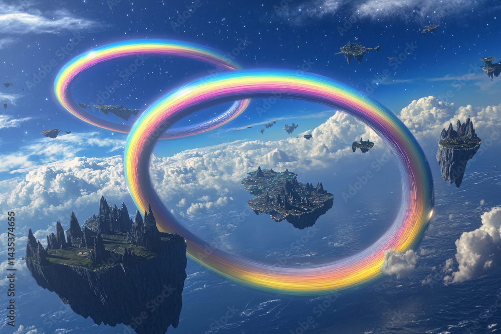 Obraz premium Vibrant rainbow arches over floating islands in a surreal fantasy landscape with a celestial backdrop