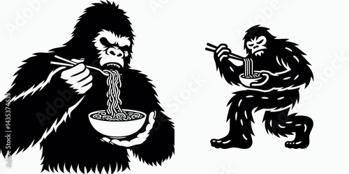 Bigfoot eat ramen. Sasquatch cartoon clipart. Cryptid devour noodle dish mystery creature indulge savory broth meal.