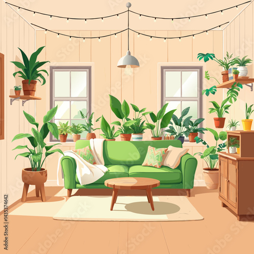 Cozy and Bright Living Room Interior Filled with Lush Green Houseplants, Featuring a Green Sofa, Wooden Furniture, and Natural Light