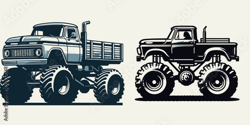 Bigfoot drive retro truck. Sasquatch cartoon clipart. piloting vintage pickup woodland journey on old-time motoring vehicle.