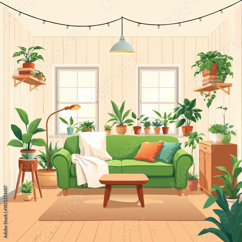 Cozy and Bright Living Room Interior Filled with Lush Green Houseplants, Featuring a Green Sofa, Wooden Furniture, and Natural Light