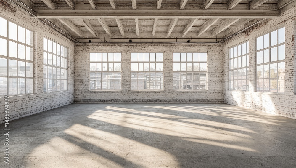 Sunlit industrial loft space with exposed brick walls, high ceilings, and large windows Sunlit industrial loft space with exposed brick walls, high ceilings, and large windows