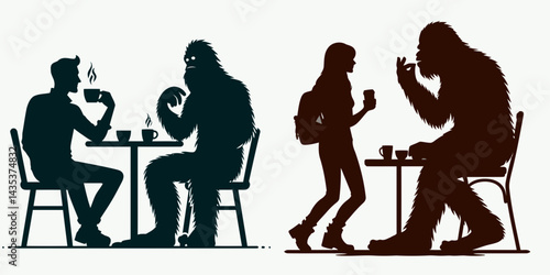 Bigfoot Casual Coffee Date. Sasquatch cartoon clipart. Cryptid relaxed java meetup forest creature encounter over beverage.