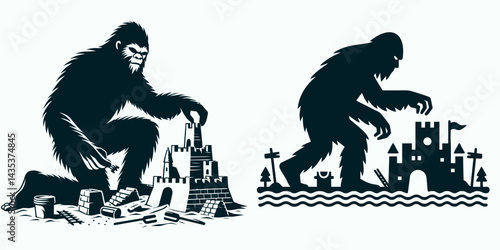 Bigfoot Building a sandcastle. Sasquatch cartoon clipart. Hairy hominid crafting sandy fort beach architecture project.
