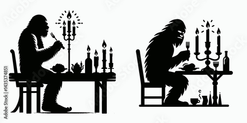 Bigfoot Candlelit Dinner. Sasquatch cartoon clipart. Hairy hominid romance intimate evening meal by glow for mythical creature.