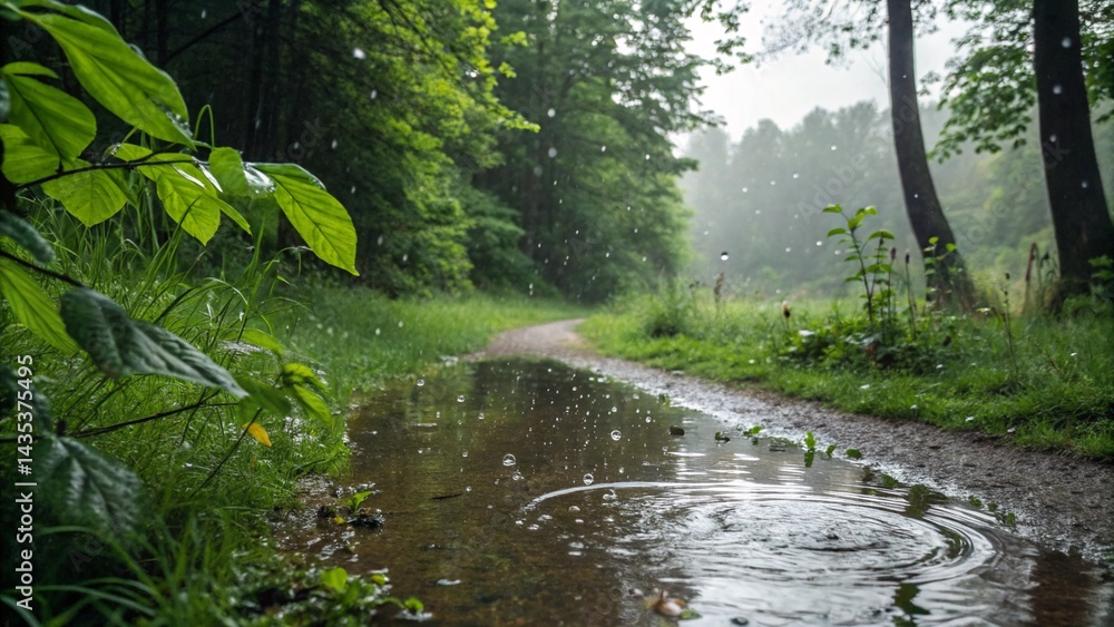 Obraz premium Show nature embracing rain: droplets on leaves, muddy trails, reflections in puddles.