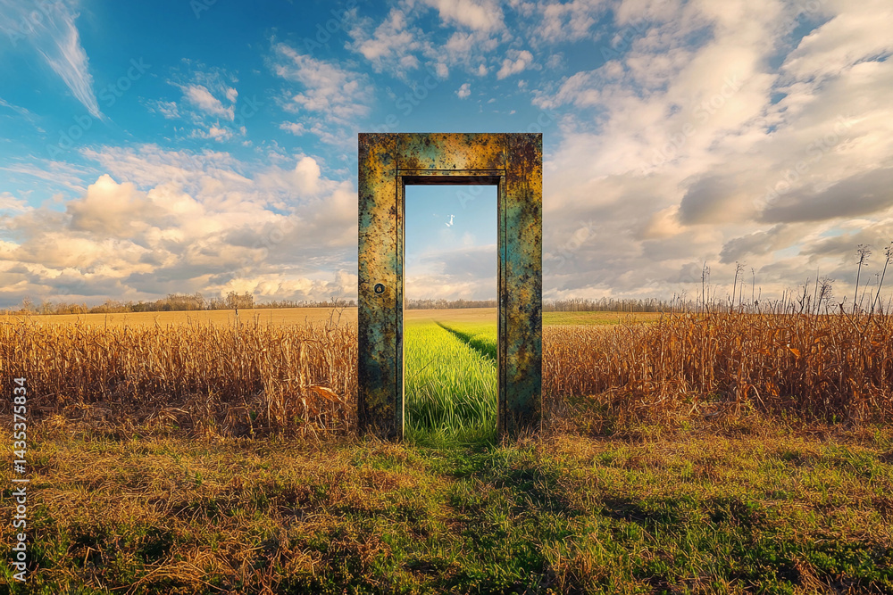 Mysterious door stands alone in a golden field under a dramatic sky Mysterious door stands alone in a golden field under a dramatic sky