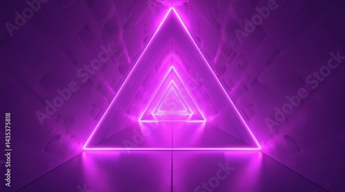 Futuristic Neon Triangular Patterns Illuminated in a Geometric Space with Purple Lights
