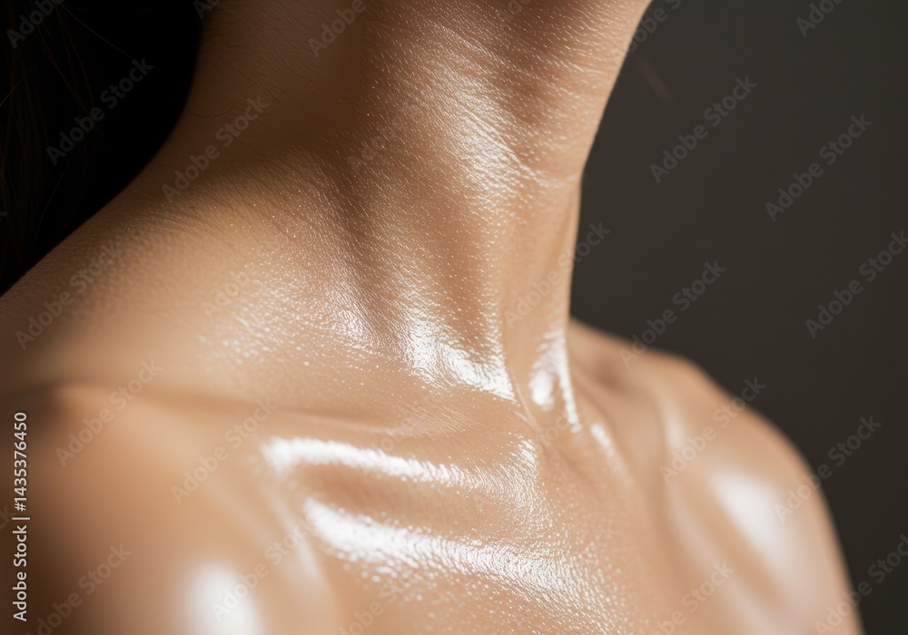 Fototapeta premium A close-up shot captures the glistening, sun-kissed skin of a person's shoulder and neck.