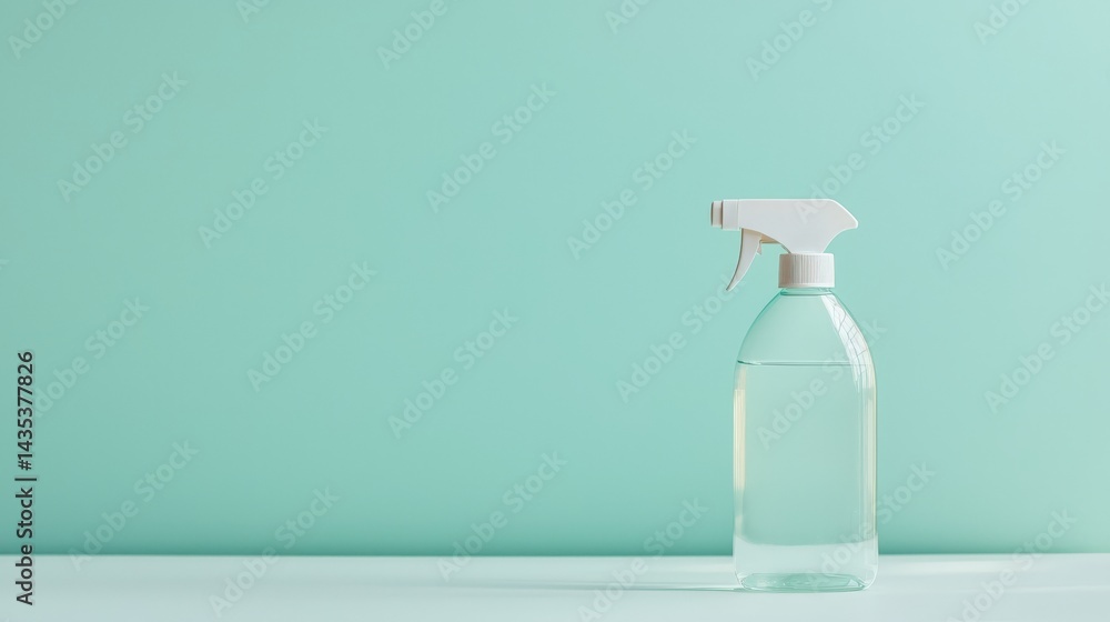 A clear plastic spray bottle filled with liquid stands against a soft teal background, emphasizing simplicity and cleanliness.
