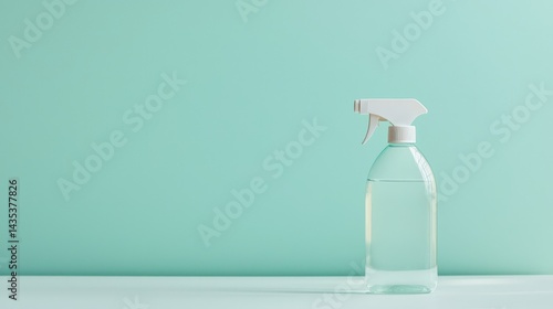 Obraz na płótnie A clear plastic spray bottle filled with liquid stands against a soft teal background, emphasizing simplicity and cleanliness. w salonie