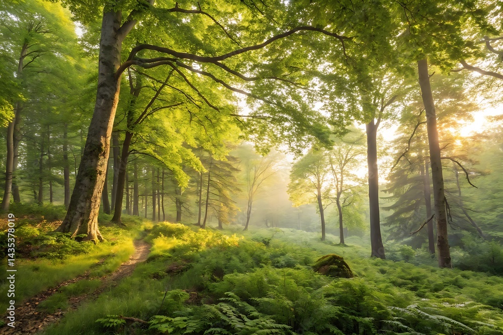 Fototapeta premium Serene Forest Scene with Lush Greenery, Golden Morning Light, and Dappled Forest Floor