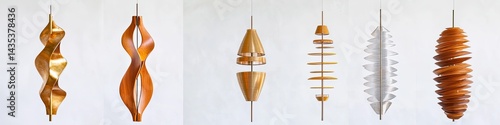 Six abstract, hanging sculptures in gold, wood, and translucent materials; varying shapes and textures