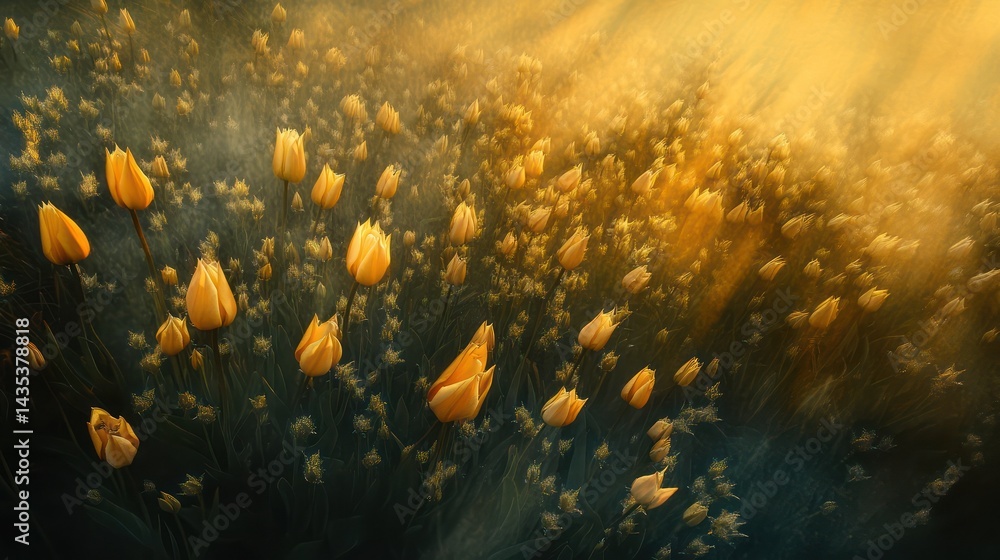 Naklejka premium Golden Tulip Petals Floating over a meadow . Misty Background