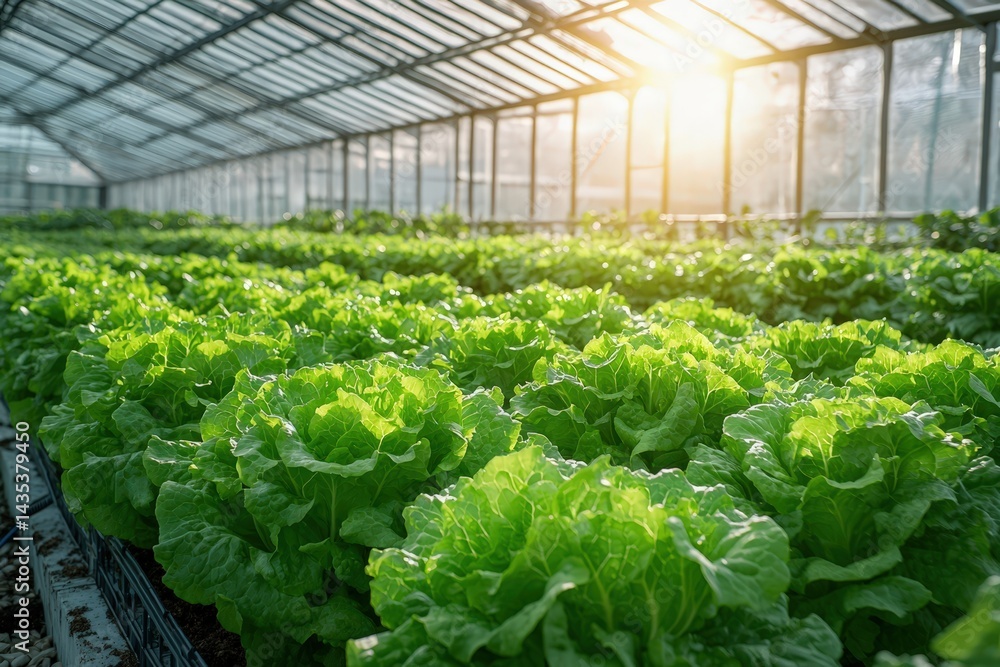 Lettuce grows under sunlight in a spacious greenhouse during the afternoon Lettuce grows under sunlight in a spacious greenhouse during the afternoon