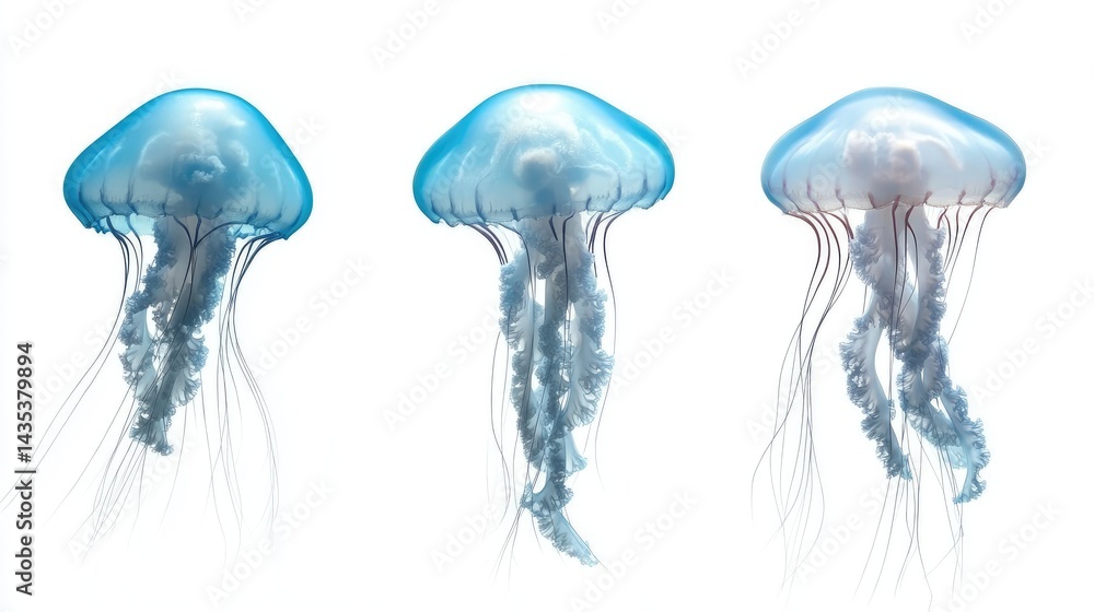 Three jellyfish against white background, aquarium display Three jellyfish against white background, aquarium display