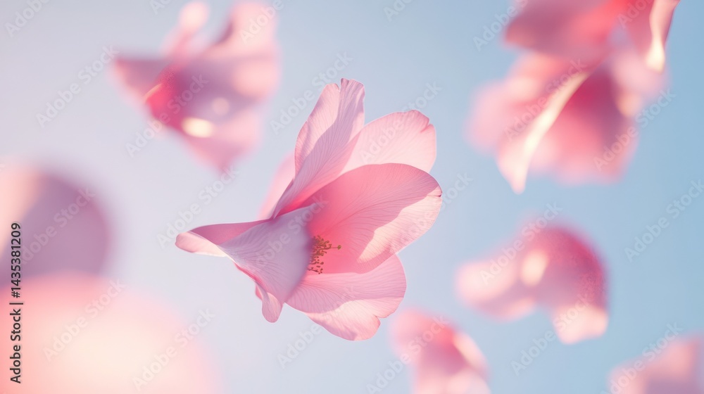 Pink Camellia Petals Dancing in a Soft Spring Breeze . Falling Background Pink Camellia Petals Dancing in a Soft Spring Breeze . Falling Background