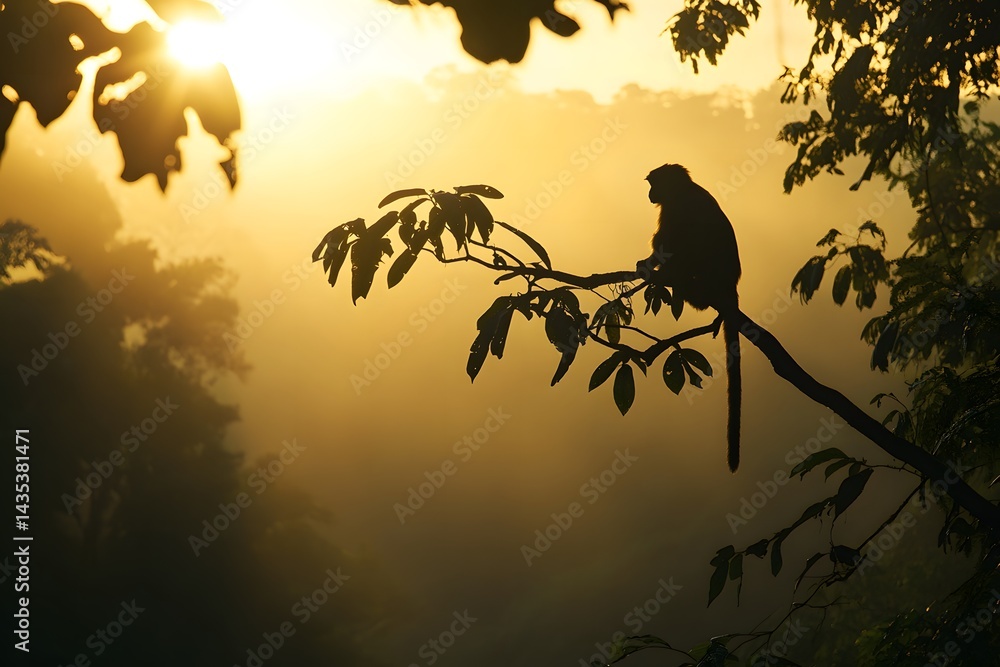 Fototapeta premium Silhouette of a monkey perched on a branch against a bright, hazy, golden sunset background scene