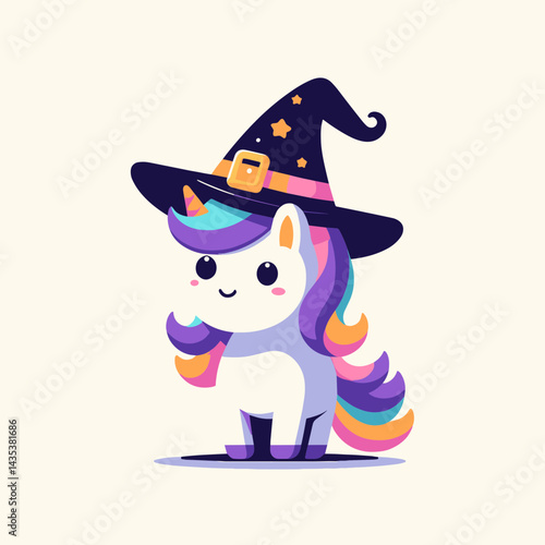 Unicorn wear witch hat in halloween silhouette celebrates a spooky, magical autumn equinox.