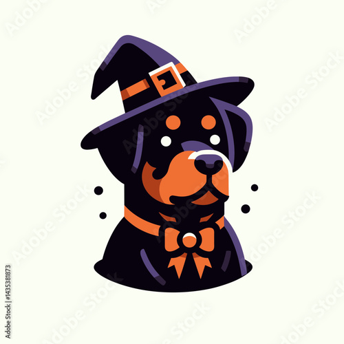 Rottweiler Dog witch hat Halloween outline shows canine in spooky season apparel.