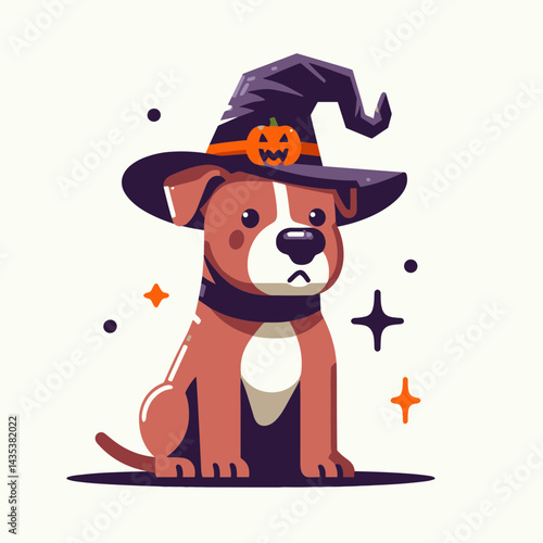 Pittbulls Dog wear witch hat in halloween silhouette, a spooky doodle of canine magic this autumn night.