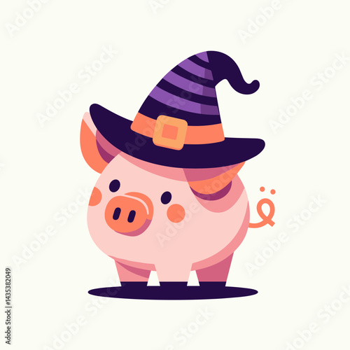 Pig wear witch hat in halloween silhouette prepares for a spooky costume party with its oinking friends.