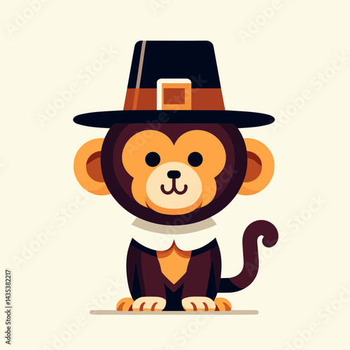 Monkey wear pilgrim hat in thanksgiving silhouette; evoke autumn harvest, with a primal primate blessing the feast.
