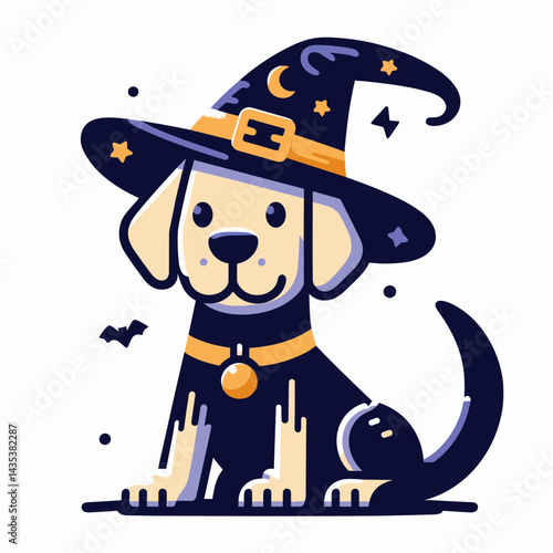 Labrador Retriever Dog wear witch hat in halloween doodle, festive ghostly shape for autumn.