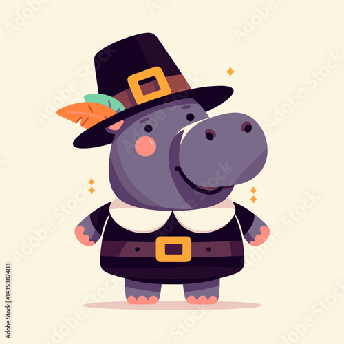 Hippo wear pilgrim hat in thanksgiving silhouette enjoys a thankful feast, celebrating the harvest bounty with gratitude.