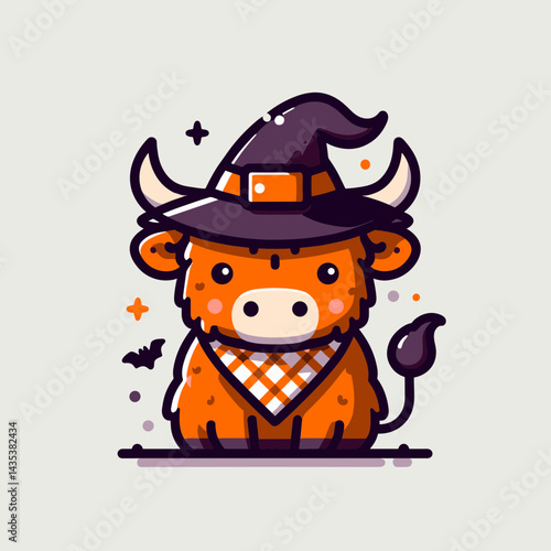Highland Cow wear witch hat in halloween silhouette against the spooky moon, an eerie autumnal fantasy drawing.