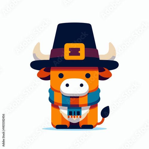 Highland Cow wear pilgrim hat thanksgiving silhouette, a festive bovine ready for autumn harvest feast.